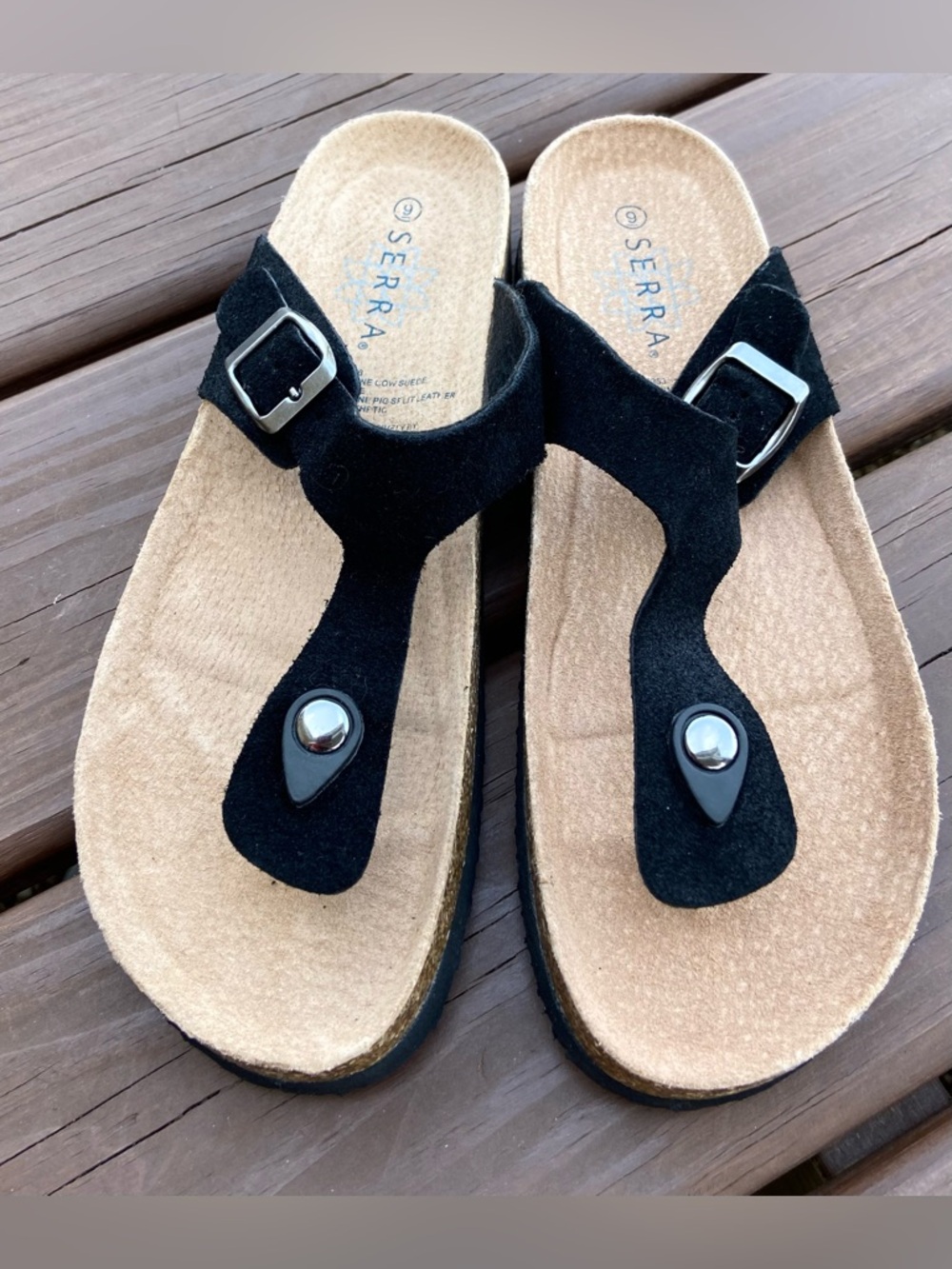 Serra Black Suede Toe-Post Sandals with Silver Buckles - Picture 8 of 9